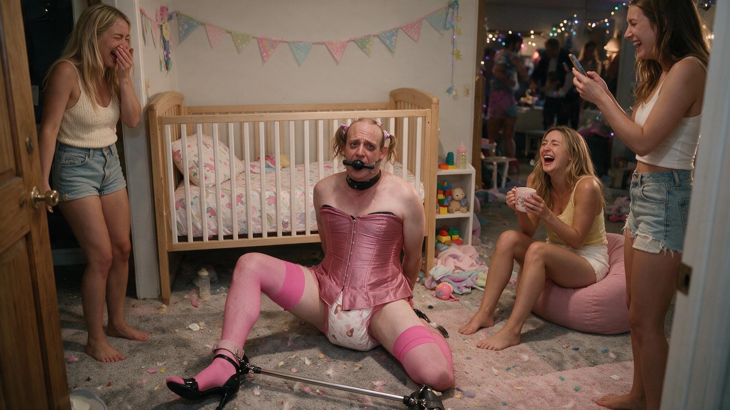 A person sits on a bedroom floor in a pink corset outfit while three women laugh nearby.