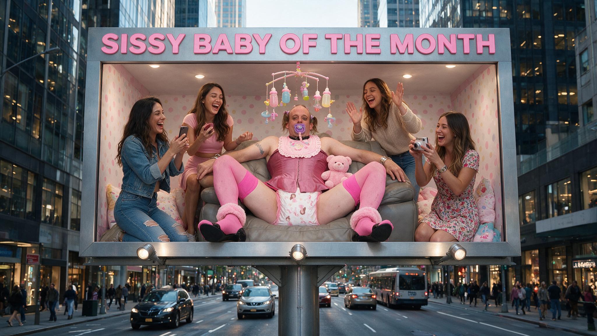 Five people pose inside a city billboard display, centered on a figure in pink baby-themed clothing.