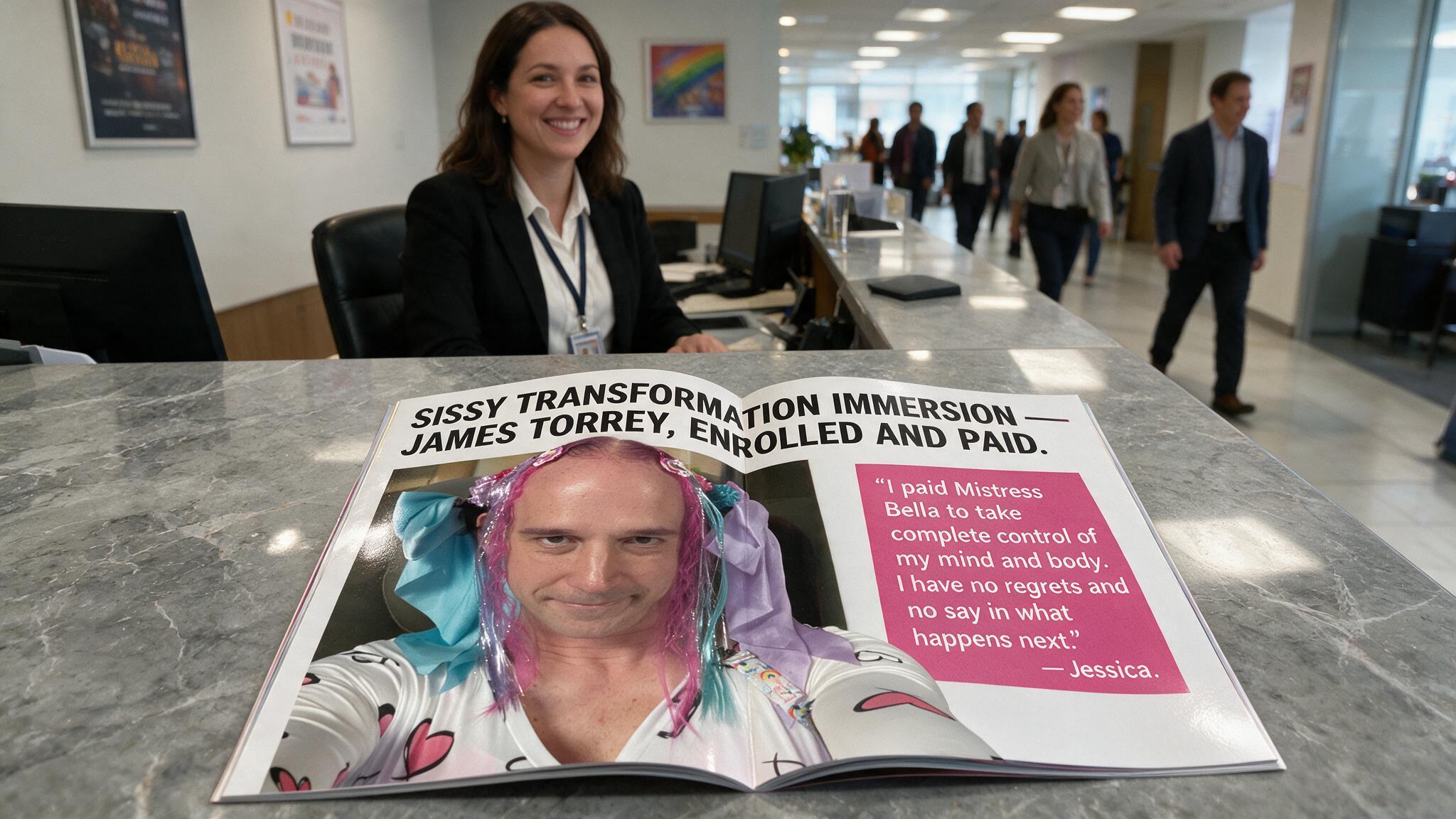 Reception desk in a lobby with an open magazine showing a portrait and bold headline on the counter.