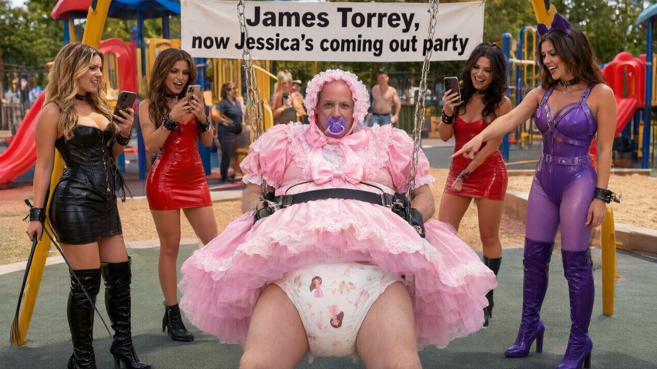 A person in a pink ruffled dress sits on a playground swing while four women pose around them with phones.